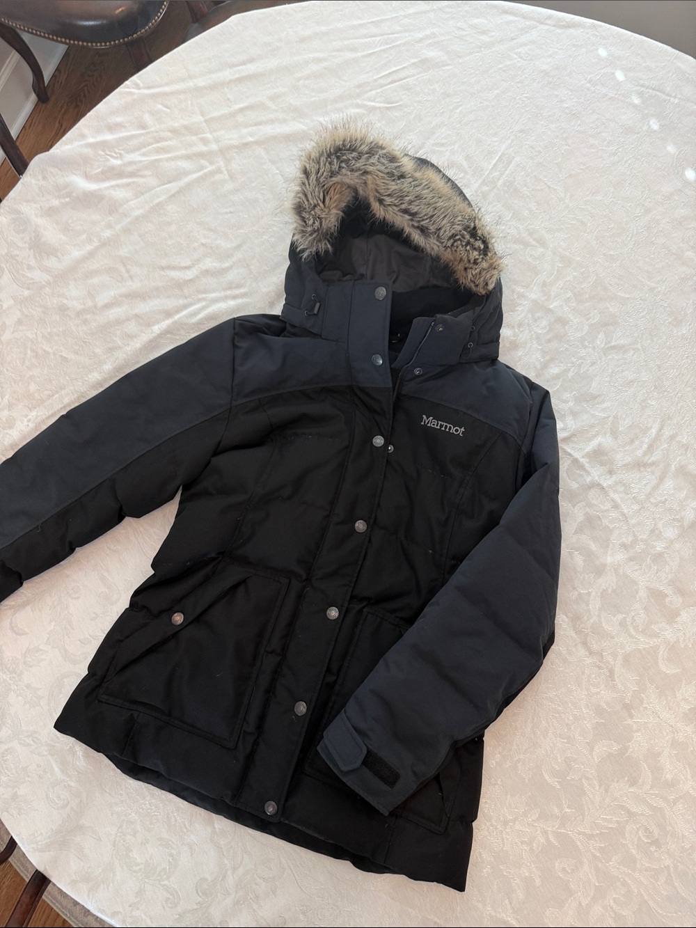 Marmot Black Hooded Puffer Coat with Faux-Fur Trim